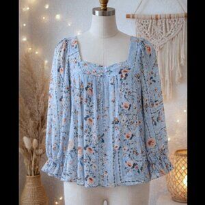 Lauren Conrad Floral Sheer Lined Flowy Blouse M Cottagecore Coquette Prairie